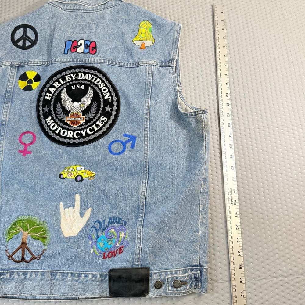 VINTAGE Hippy Harley-Davidson Denim Vest Embroidered Patches Peace Love Pride - Picture 16 of 16